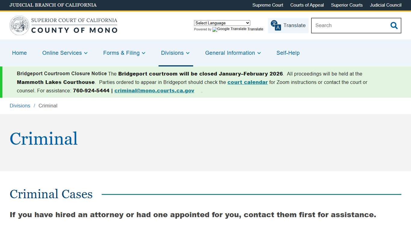 Criminal Superior Court of California County of Mono`