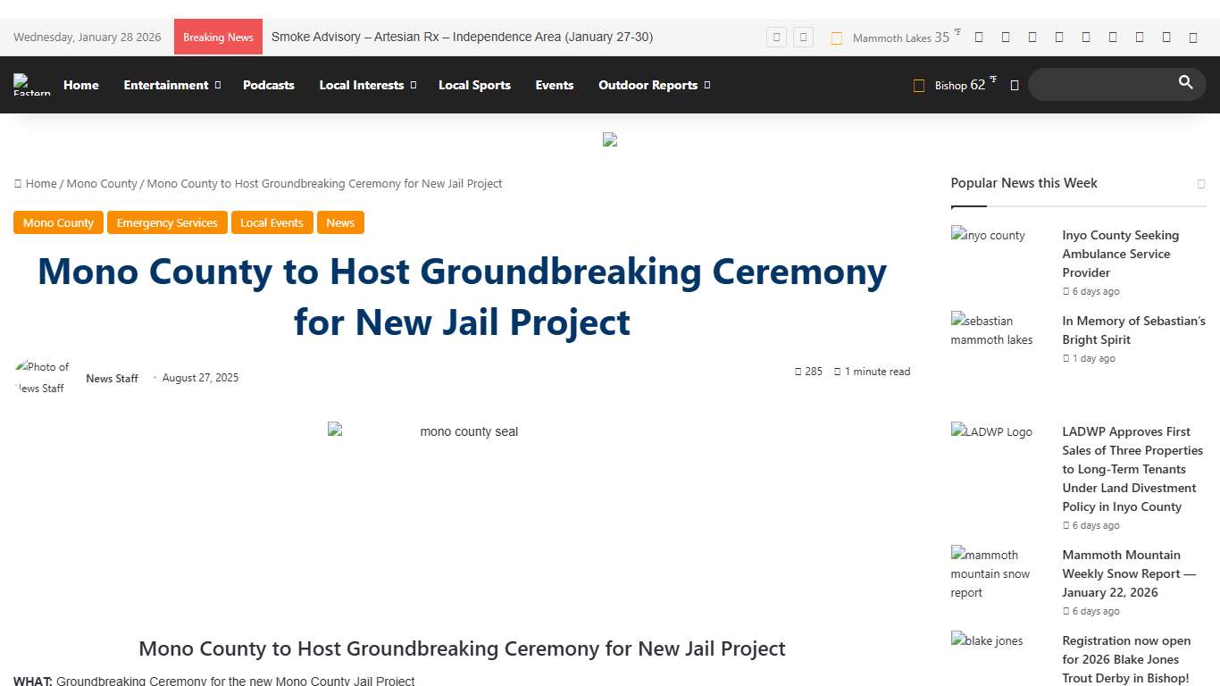Mono County to Host Groundbreaking Ceremony for New Jail Project Eastern Sierra Now Local News
